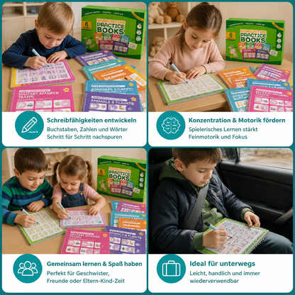 Wiederverwendbare Schreibübungsbücher mit Rillen für Kinder – 6-teiliges Nachspur- & Schreibset