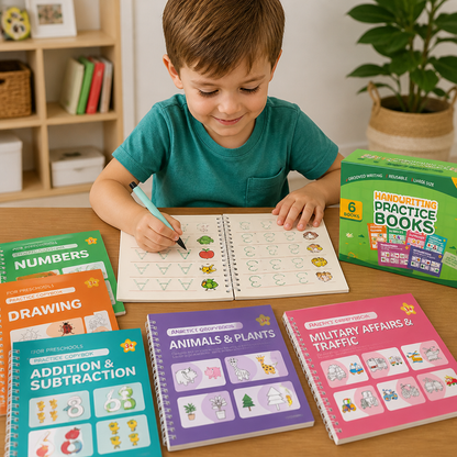Wiederverwendbare Schreibübungsbücher mit Rillen für Kinder – 6-teiliges Nachspur- & Schreibset
