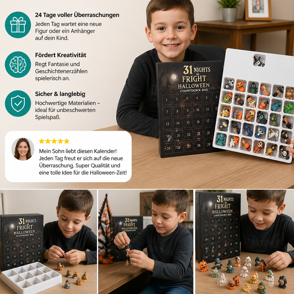 Halloween-Countdown-Kalender mit gruseligen Überraschungs-Mini-Figuren & Anhängern