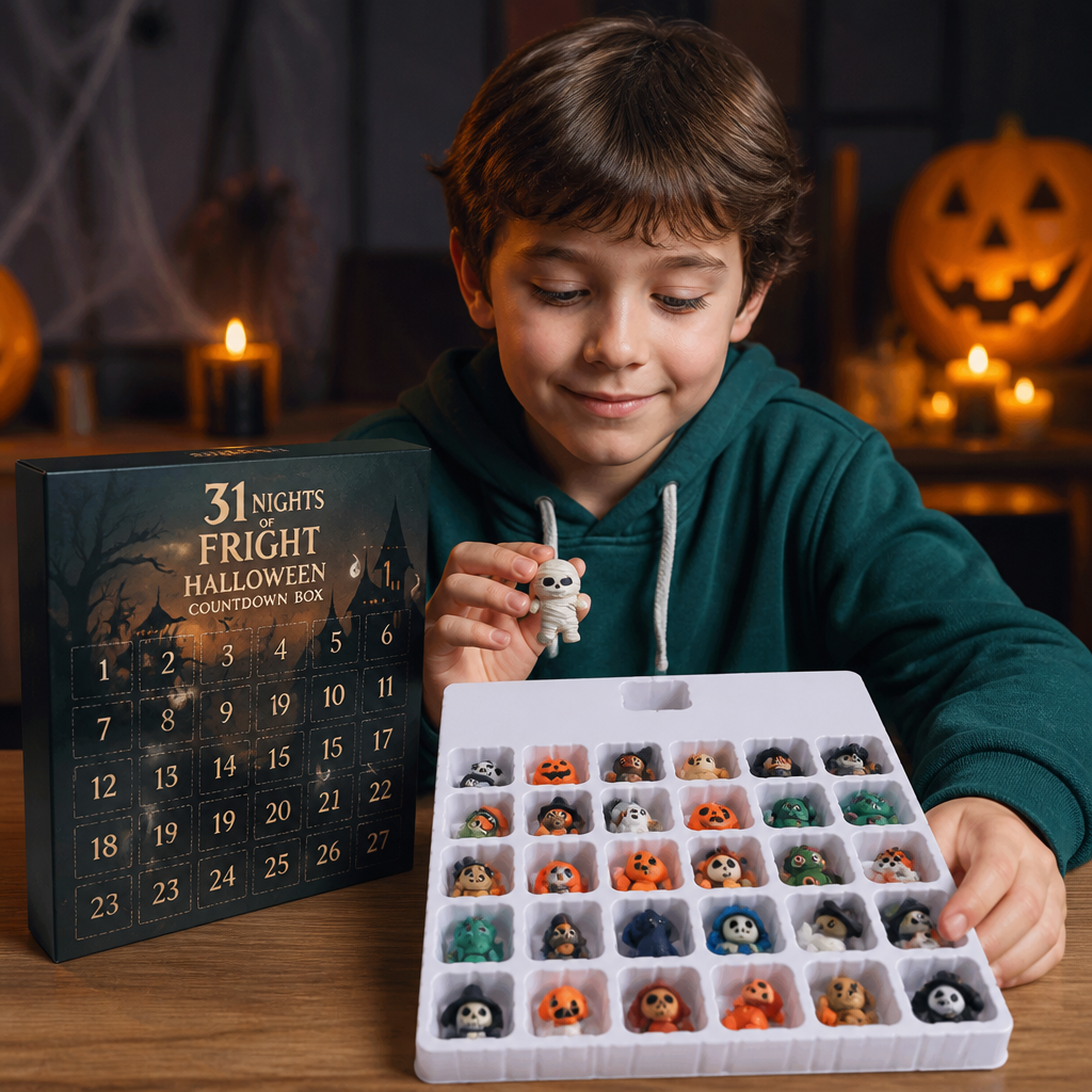 Halloween-Countdown-Kalender mit gruseligen Überraschungs-Mini-Figuren & Anhängern