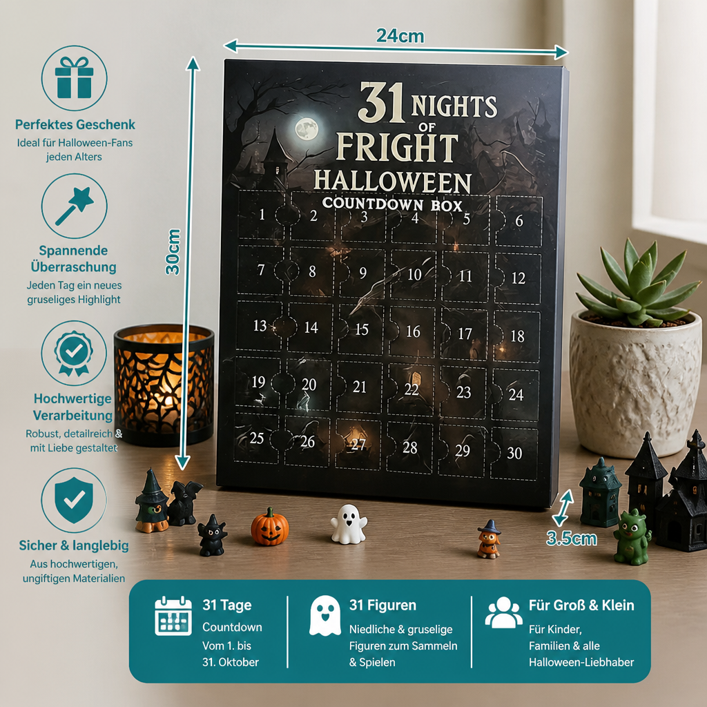 Halloween-Countdown-Kalender mit gruseligen Überraschungs-Mini-Figuren & Anhängern
