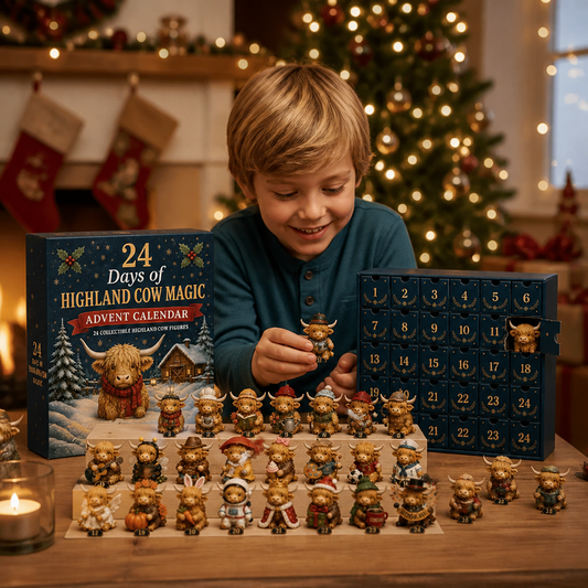 24-Tage-Adventskalender mit Highland-Rindern als sammelbare Mini-Figuren