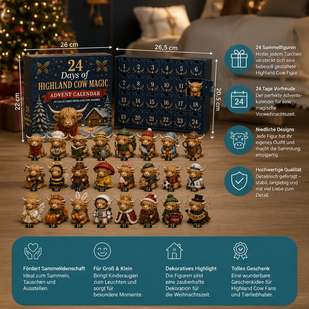 24-Tage-Adventskalender mit Highland-Rindern als sammelbare Mini-Figuren
