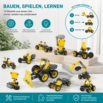 10-in-1 Kreatives elektrisches Baustellenfahrzeug-Bauset für Kinder