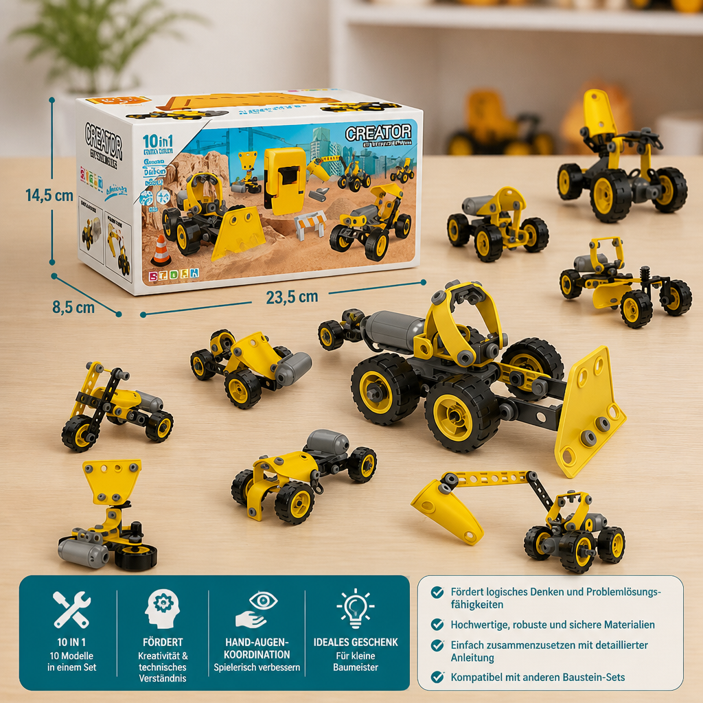 10-in-1 Kreatives elektrisches Baustellenfahrzeug-Bauset für Kinder