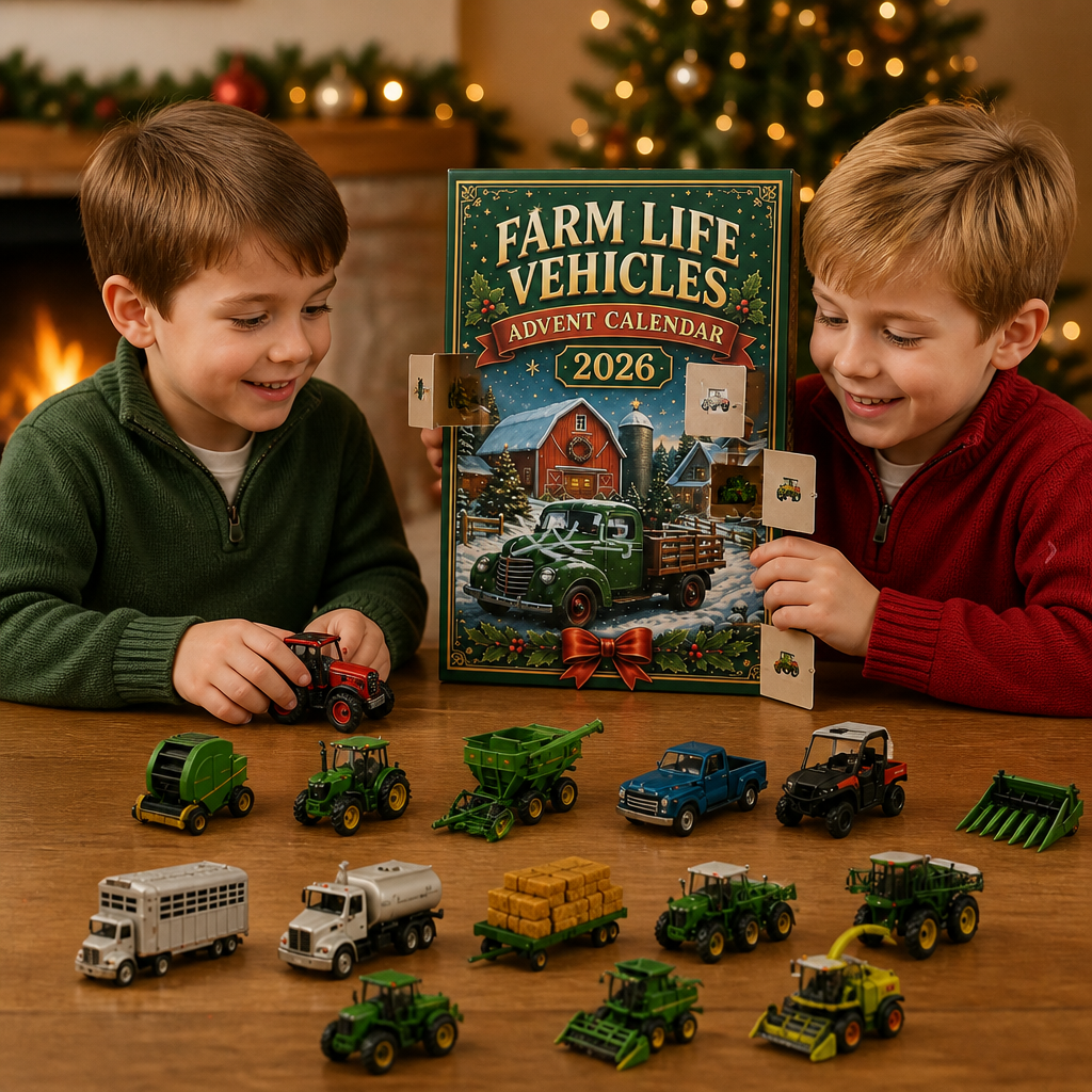 24-Tage-Weihnachts-Adventskalender mit Bauernhoffahrzeugen