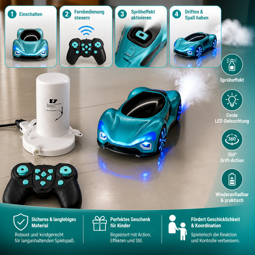 Leuchtendes RC-Driftauto mit Sprüheffekt & Ladestation