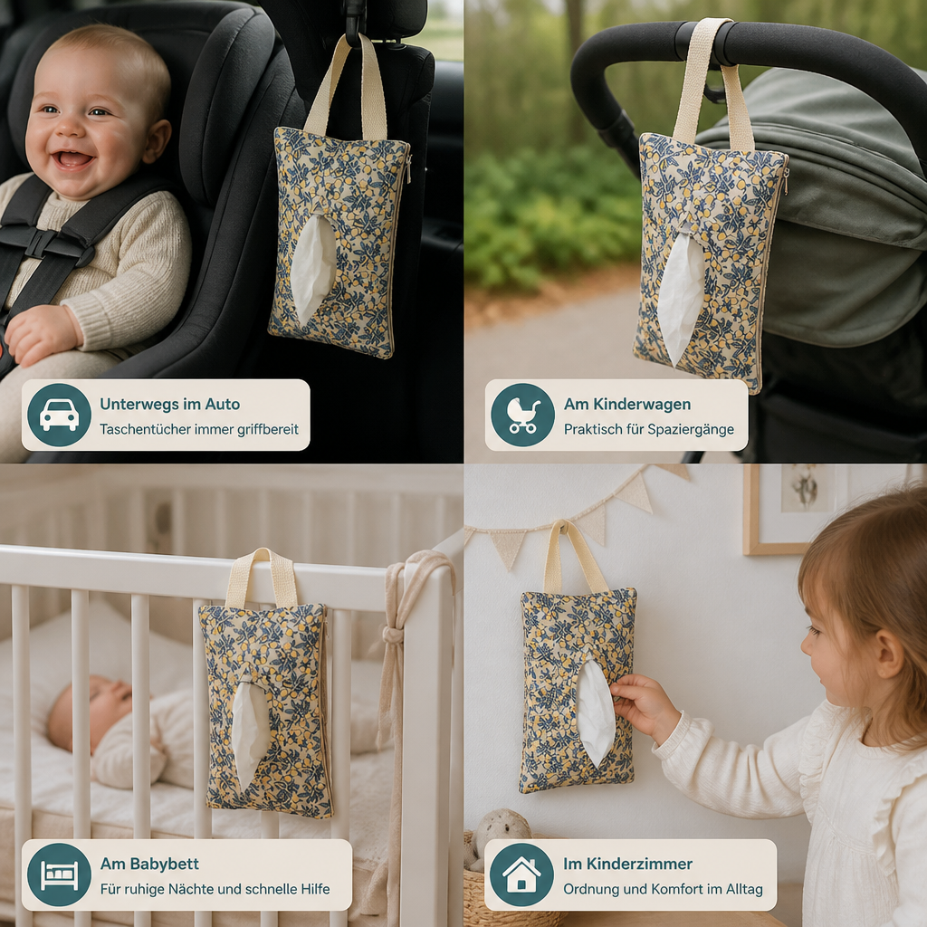 Hängender Taschentuchhalter für Kinderwagen, Babybett & Auto