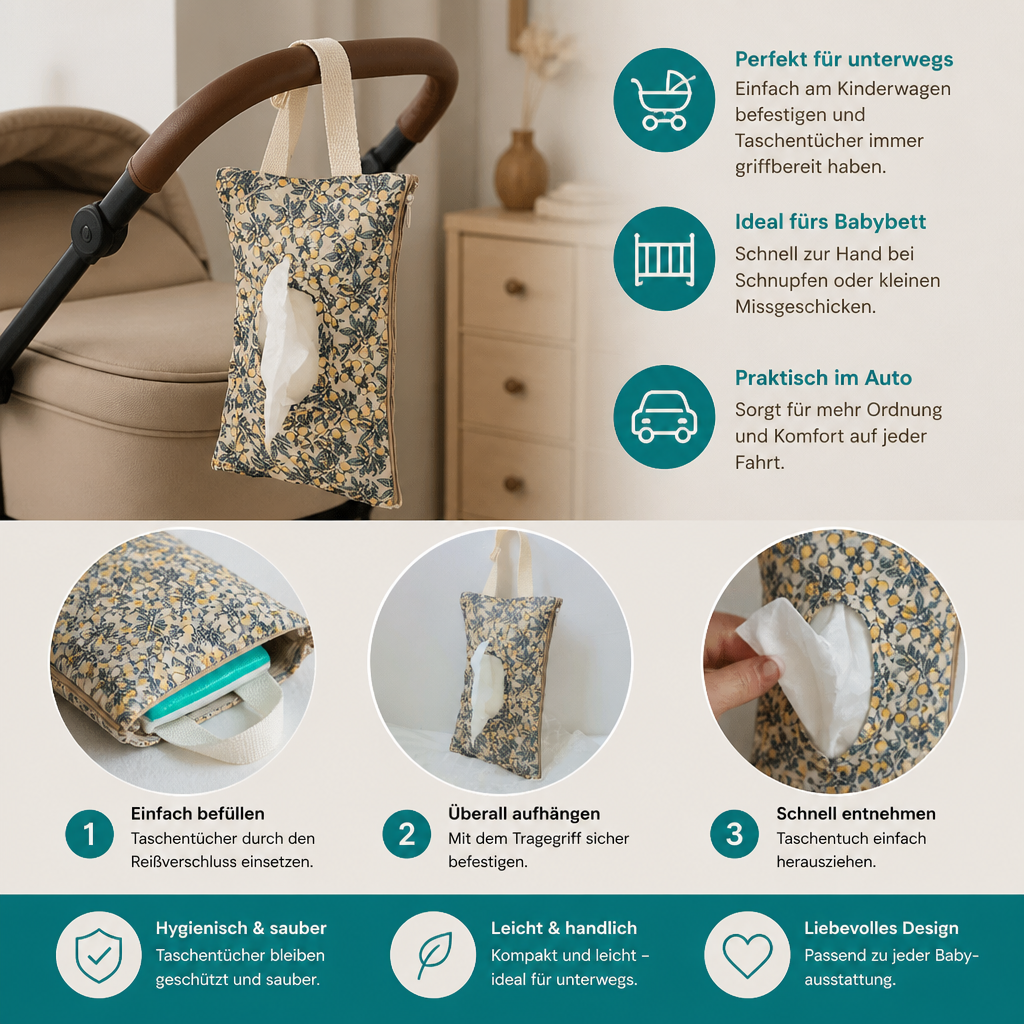 Hängender Taschentuchhalter für Kinderwagen, Babybett & Auto