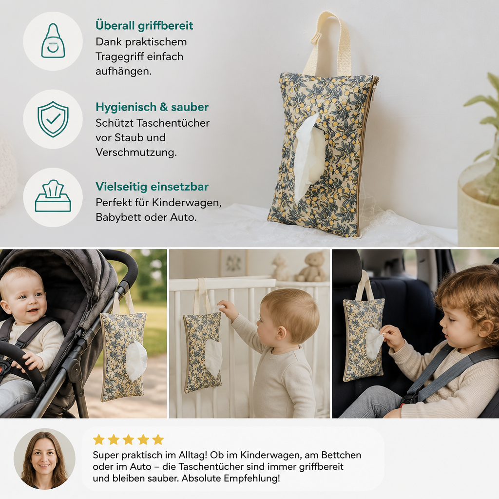 Hängender Taschentuchhalter für Kinderwagen, Babybett & Auto