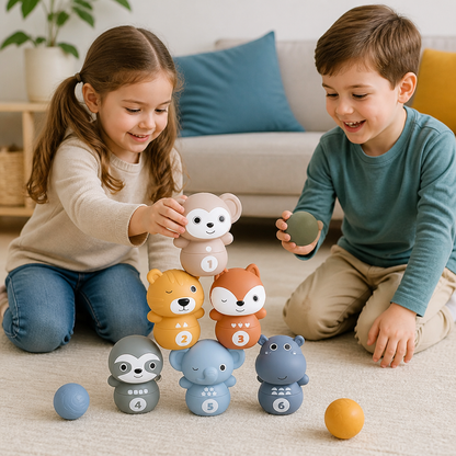 6-in-1 weiches Tier-Bowling- & Stapelspiel aus Gummi – Montessori-Lernspielzeug für Kinder
