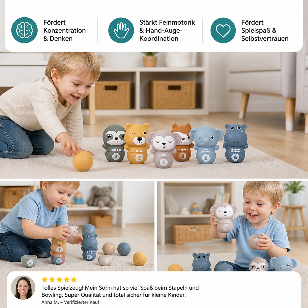 6-in-1 weiches Tier-Bowling- & Stapelspiel aus Gummi – Montessori-Lernspielzeug für Kinder