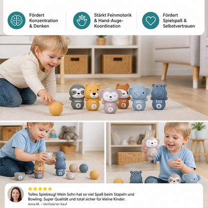 6-in-1 weiches Tier-Bowling- & Stapelspiel aus Gummi – Montessori-Lernspielzeug für Kinder