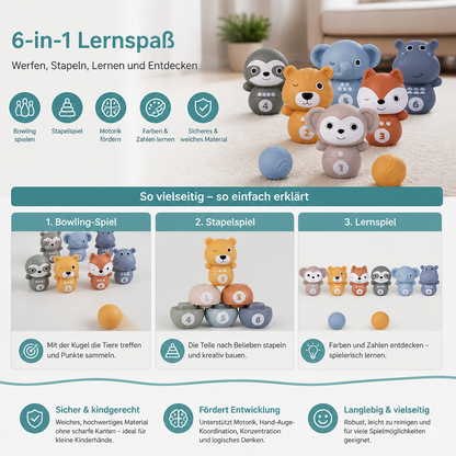6-in-1 weiches Tier-Bowling- & Stapelspiel aus Gummi – Montessori-Lernspielzeug für Kinder