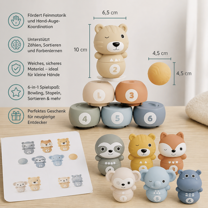 6-in-1 weiches Tier-Bowling- & Stapelspiel aus Gummi – Montessori-Lernspielzeug für Kinder