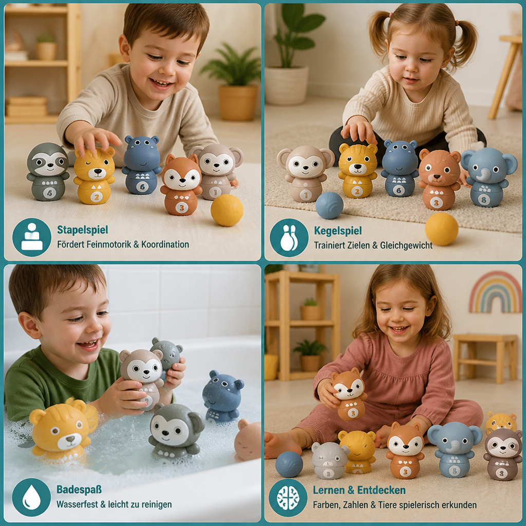 6-in-1 weiches Tier-Bowling- & Stapelspiel aus Gummi – Montessori-Lernspielzeug für Kinder