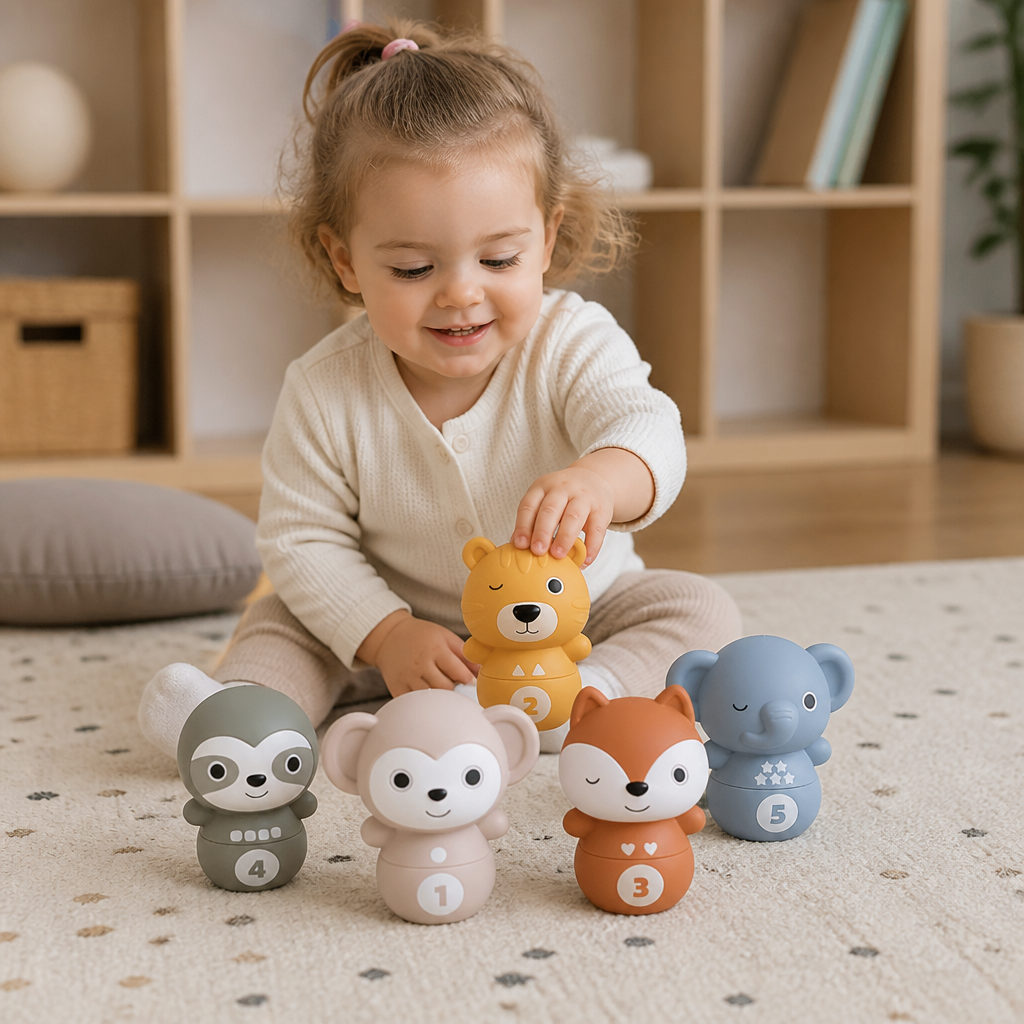 6-in-1 weiches Tier-Bowling- & Stapelspiel aus Gummi – Montessori-Lernspielzeug für Kinder