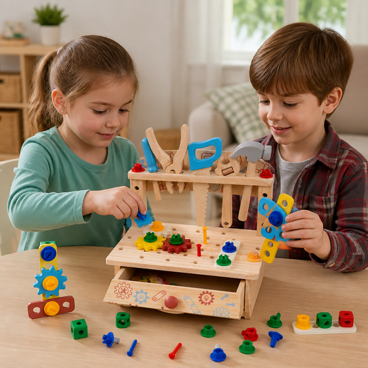 Kinder-Werkbank & Werkzeugset aus Holz – DIY-Bauspielzeug zur Förderung der Feinmotorik