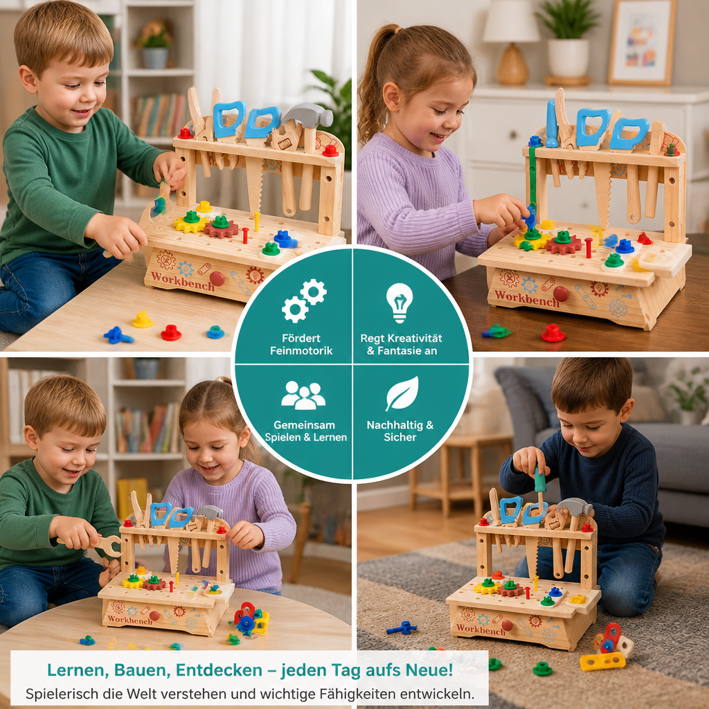 Kinder-Werkbank & Werkzeugset aus Holz – DIY-Bauspielzeug zur Förderung der Feinmotorik