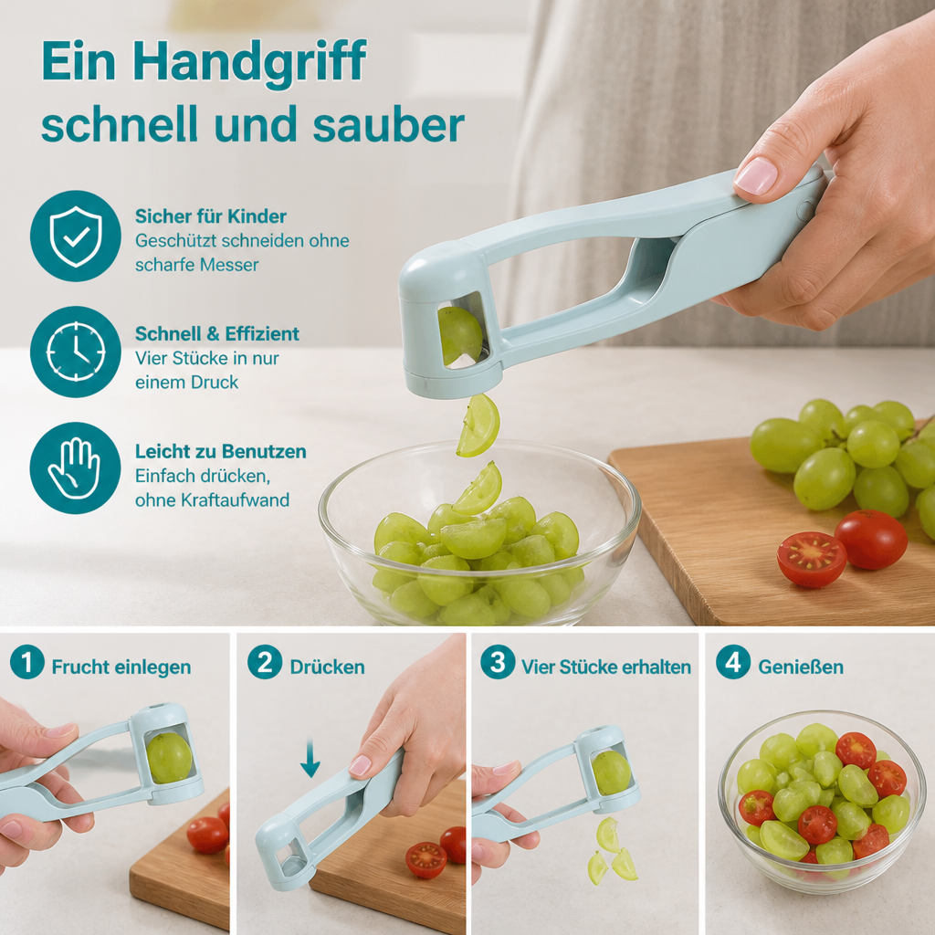 Edelstahl-Trauben- & Cherrytomaten-Schneider – Sicherer Einhand-Viertelschneider für Kleinkinder & Kinder