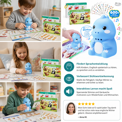Interaktive Dinosaurier-Sprechkarten & Sticker – Montessori-Lernset für Phonetik & Sichtwörter