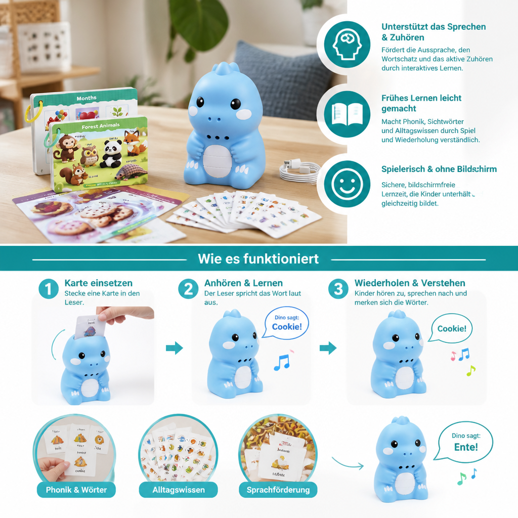 Interaktive Dinosaurier-Sprechkarten & Sticker – Montessori-Lernset für Phonetik & Sichtwörter