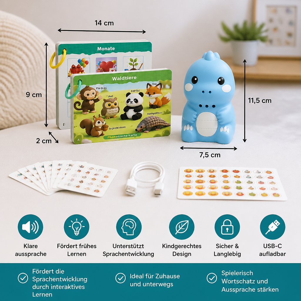 Interaktive Dinosaurier-Sprechkarten & Sticker – Montessori-Lernset für Phonetik & Sichtwörter