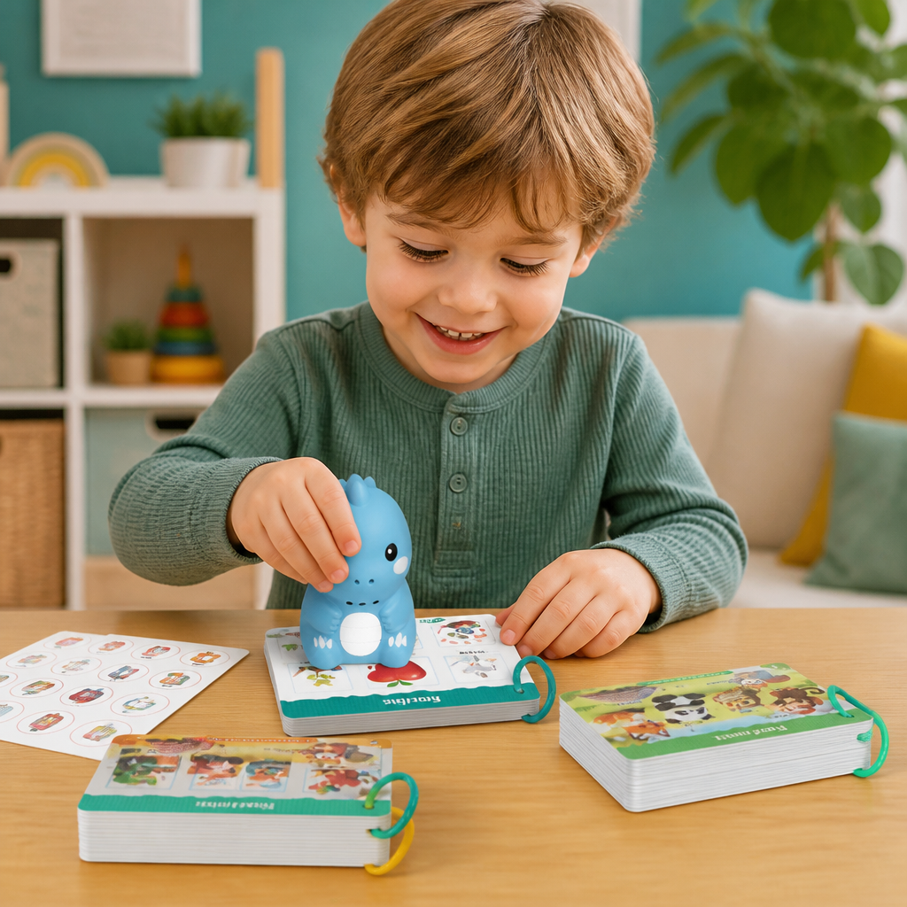 Interaktive Dinosaurier-Sprechkarten & Sticker – Montessori-Lernset für Phonetik & Sichtwörter