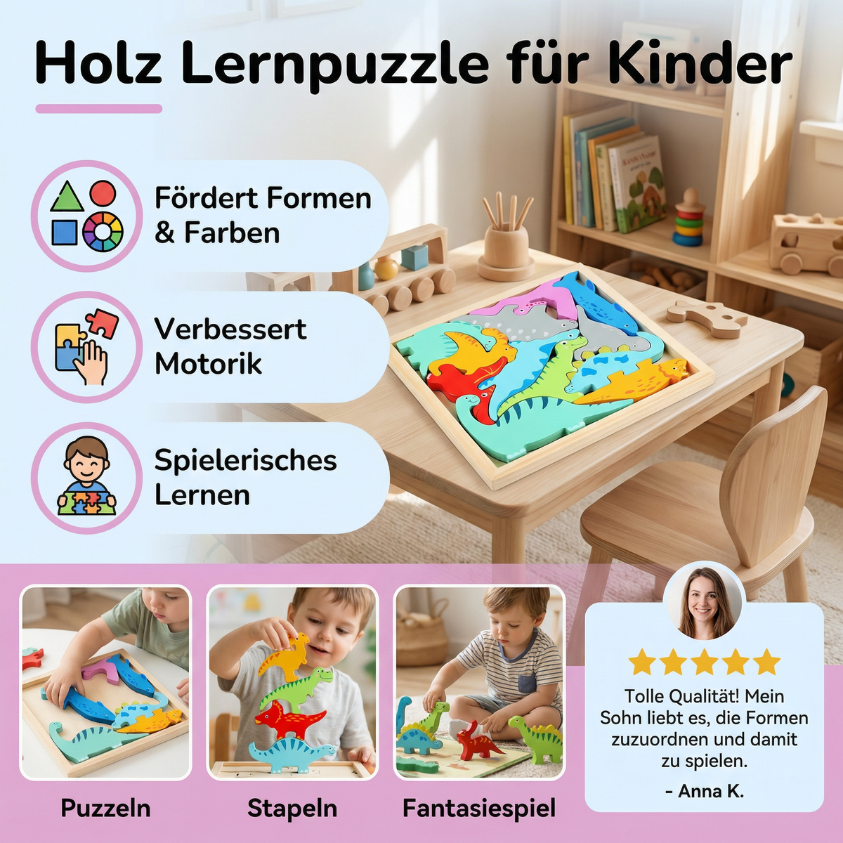 Holz Lernpuzzle für Kinder – Formen & Farben Zuordnen, Motorikspielzeug