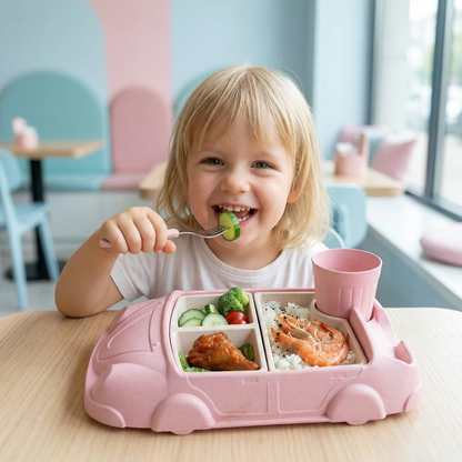 Kinder Bento Lunchbox im Auto-Design – Unterteilte Essensbox mit Becher
