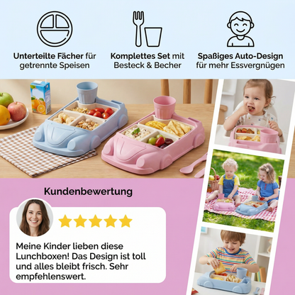 Kinder Bento Lunchbox im Auto-Design – Unterteilte Essensbox mit Becher
