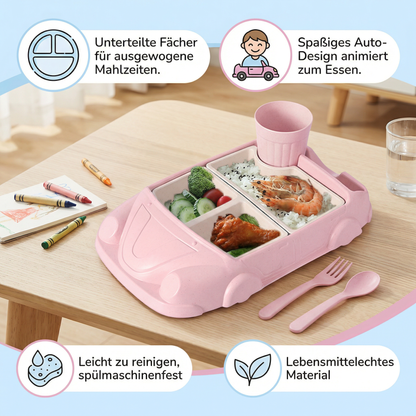 Kinder Bento Lunchbox im Auto-Design – Unterteilte Essensbox mit Becher