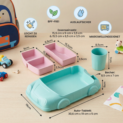Kinder Bento Lunchbox im Auto-Design – Unterteilte Essensbox mit Becher