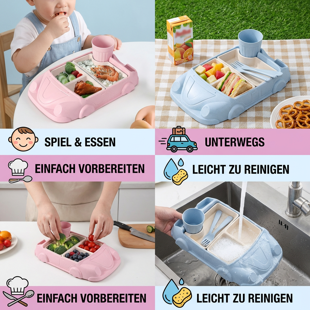 Kinder Bento Lunchbox im Auto-Design – Unterteilte Essensbox mit Becher
