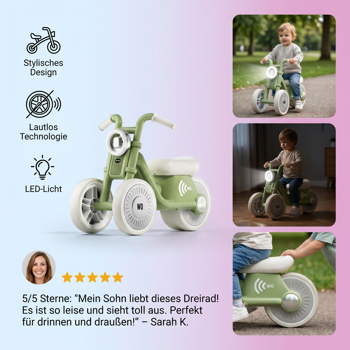 Stylisches Kinder Dreirad mit Reifen Lautlos Technologie und Licht