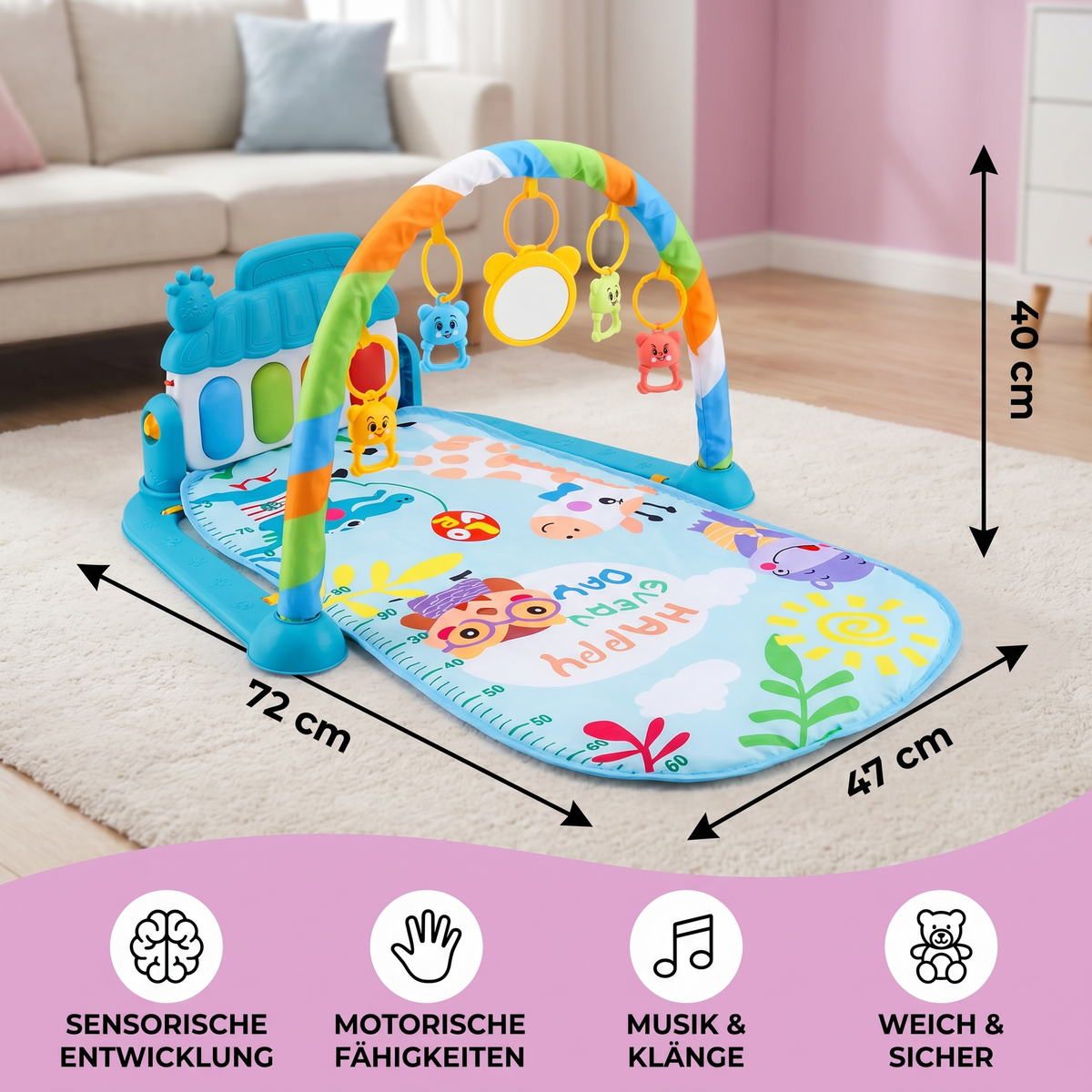 Baby Musik-Spielbogen mit Piano – Interaktive Sensorik Krabbeldecke für 0-24 Monate