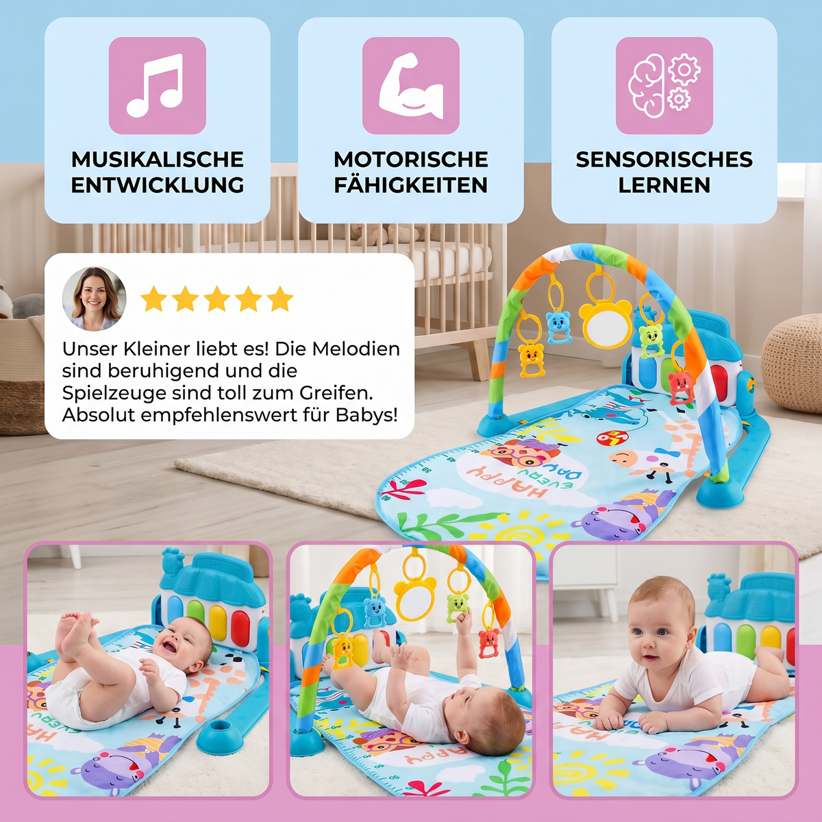 Baby Musik-Spielbogen mit Piano – Interaktive Sensorik Krabbeldecke für 0-24 Monate