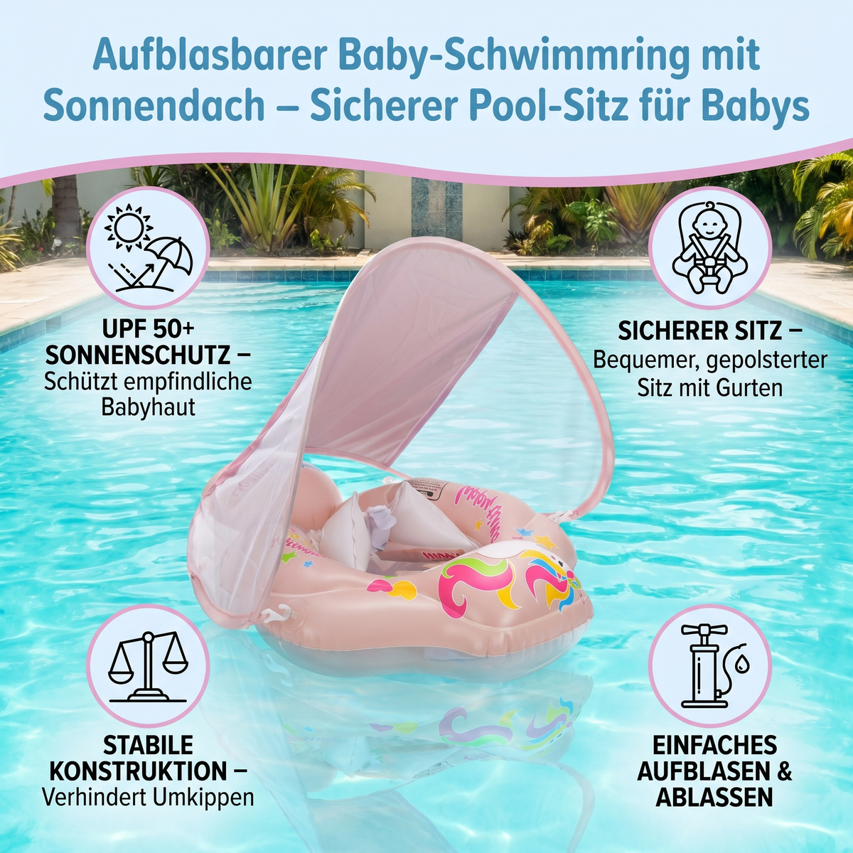 Aufblasbarer Baby-Schwimmring mit Sonnendach – Sicherer Pool-Sitz für Babys