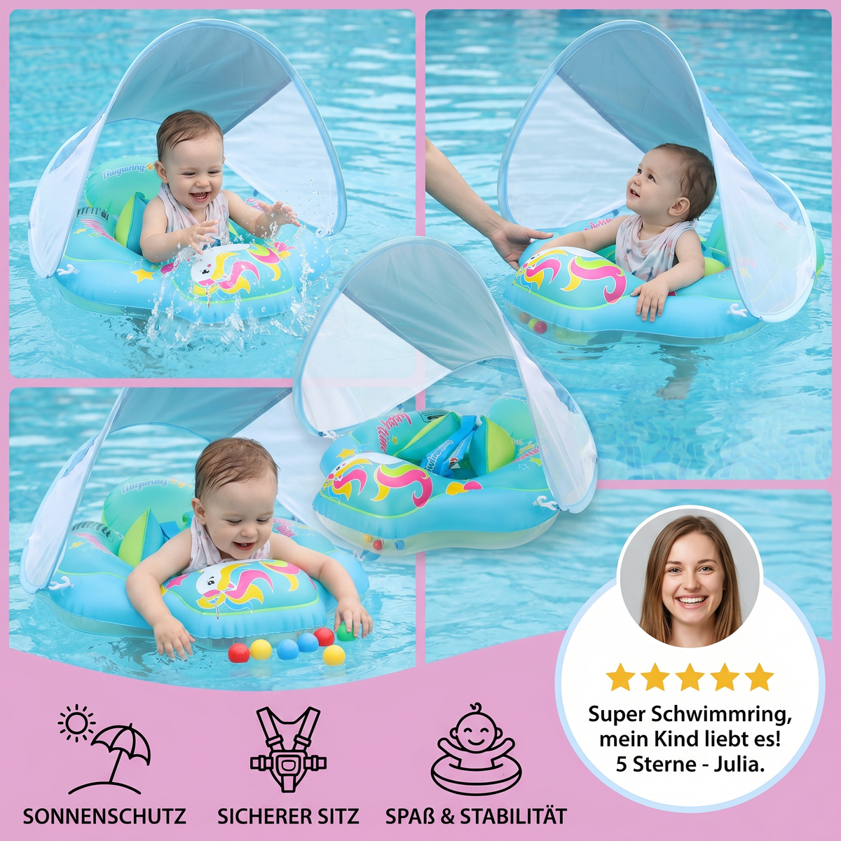 Baby-Schwimmring mit Sonnenschutz – Aufblasbarer Sitzring für sicheren Badespaß
