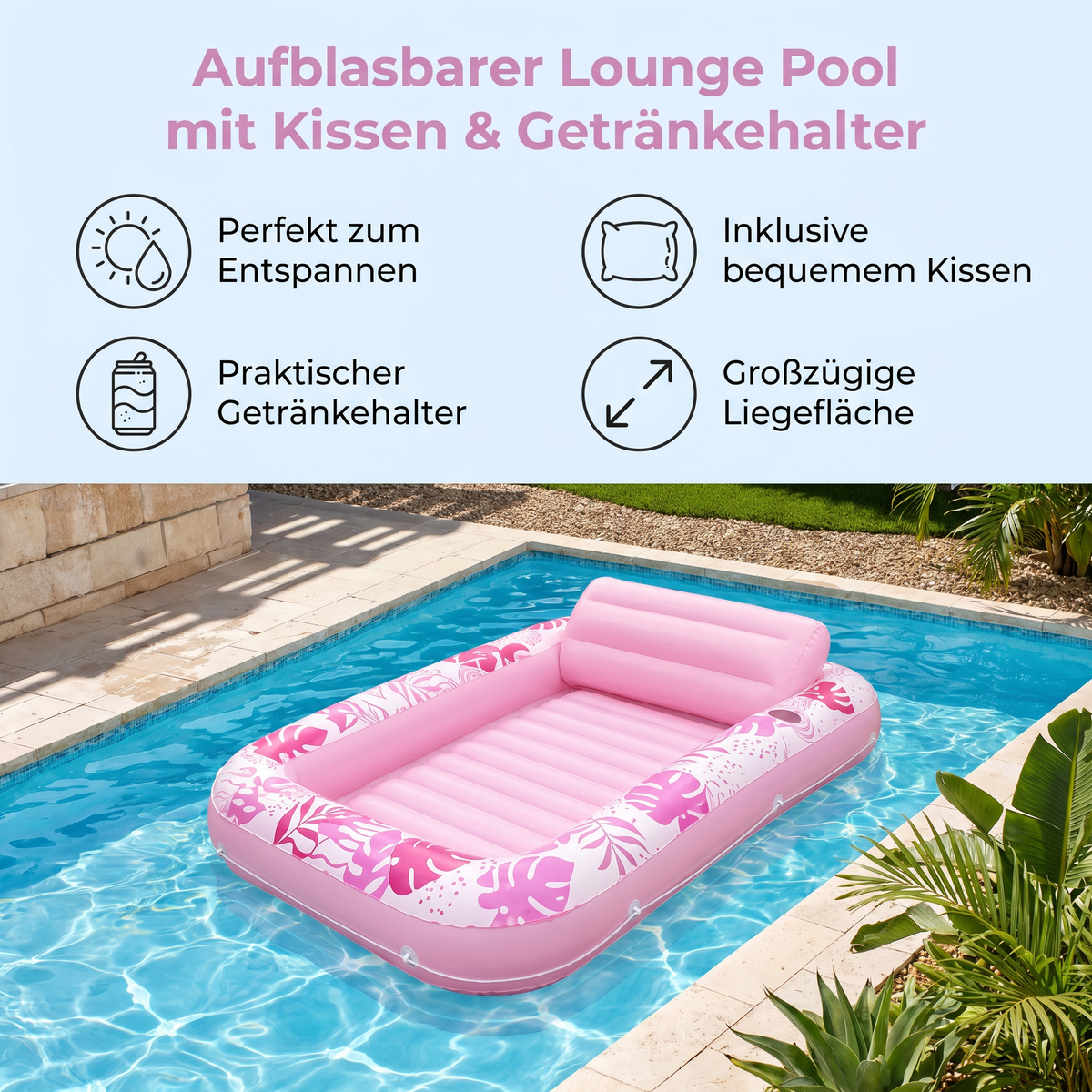 Aufblasbarer Lounge Pool mit Kissen & Getränkehalter