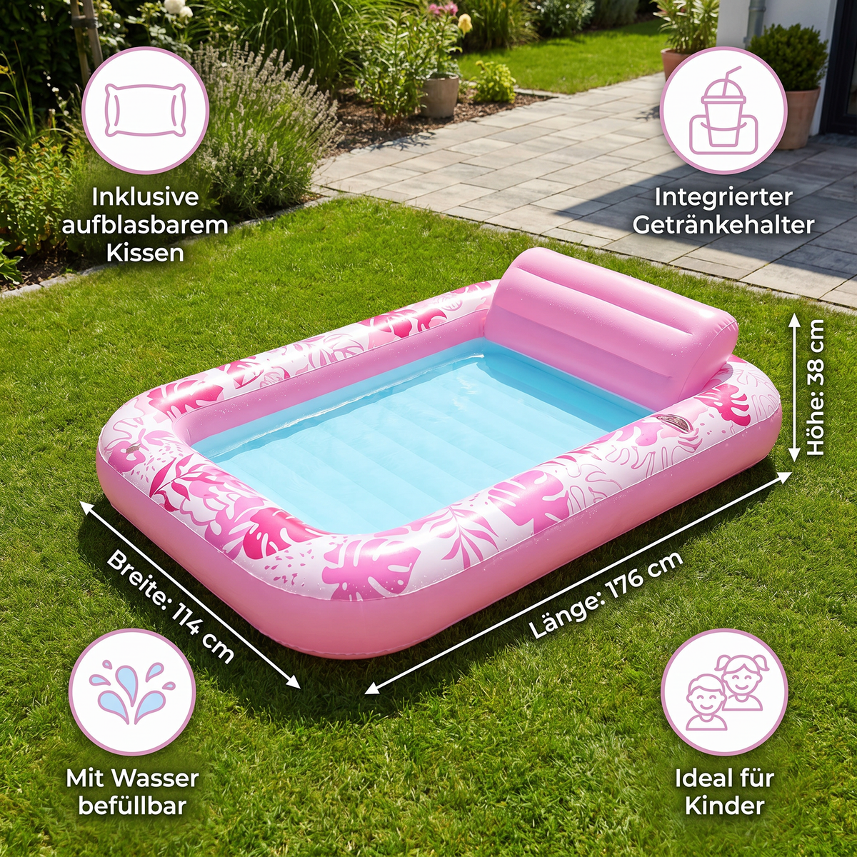 Aufblasbarer Lounge Pool mit Kissen & Getränkehalter