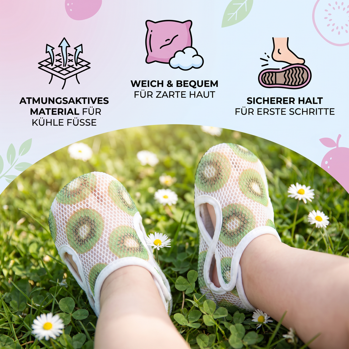Sommer Babyschuhe aus atmunksaktivem Material im Fruchtdesign