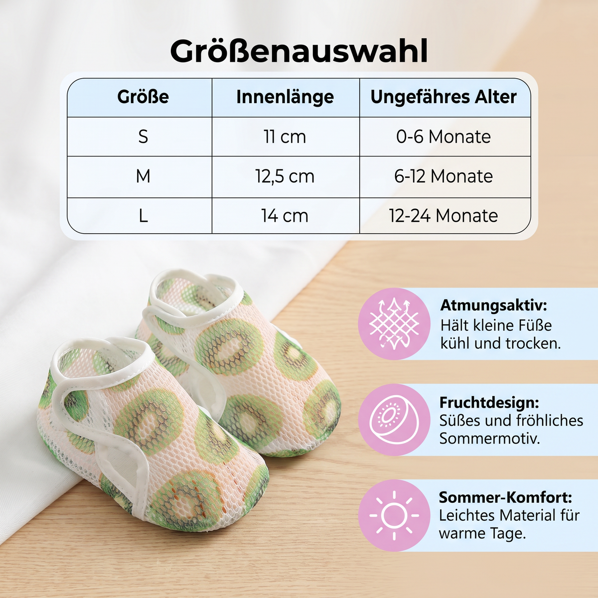 Sommer Babyschuhe aus atmunksaktivem Material im Fruchtdesign