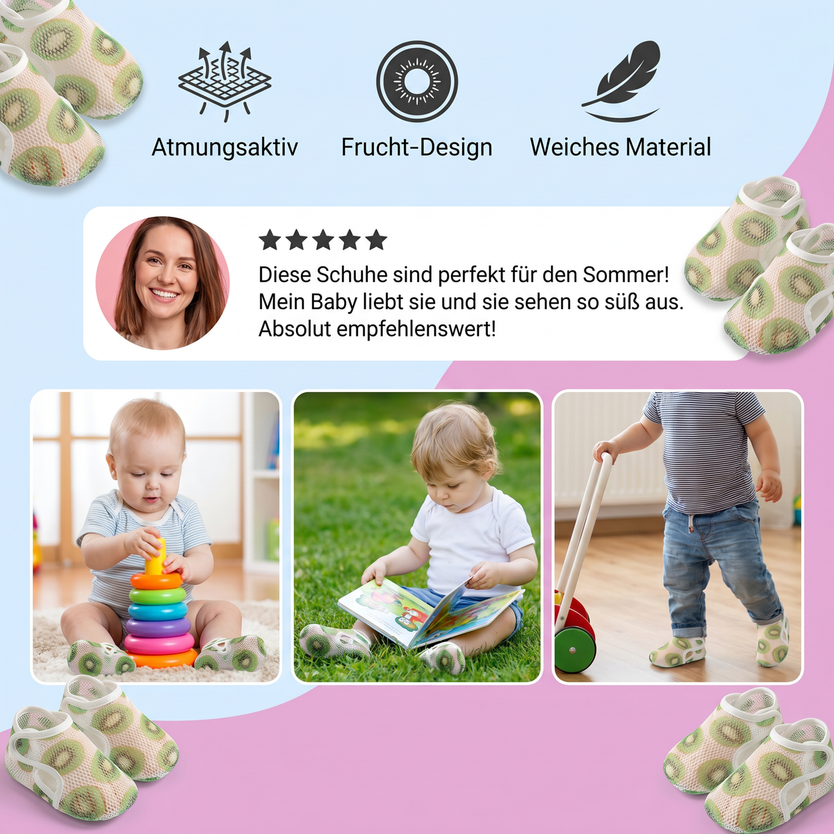 Sommer Babyschuhe aus atmunksaktivem Material im Fruchtdesign
