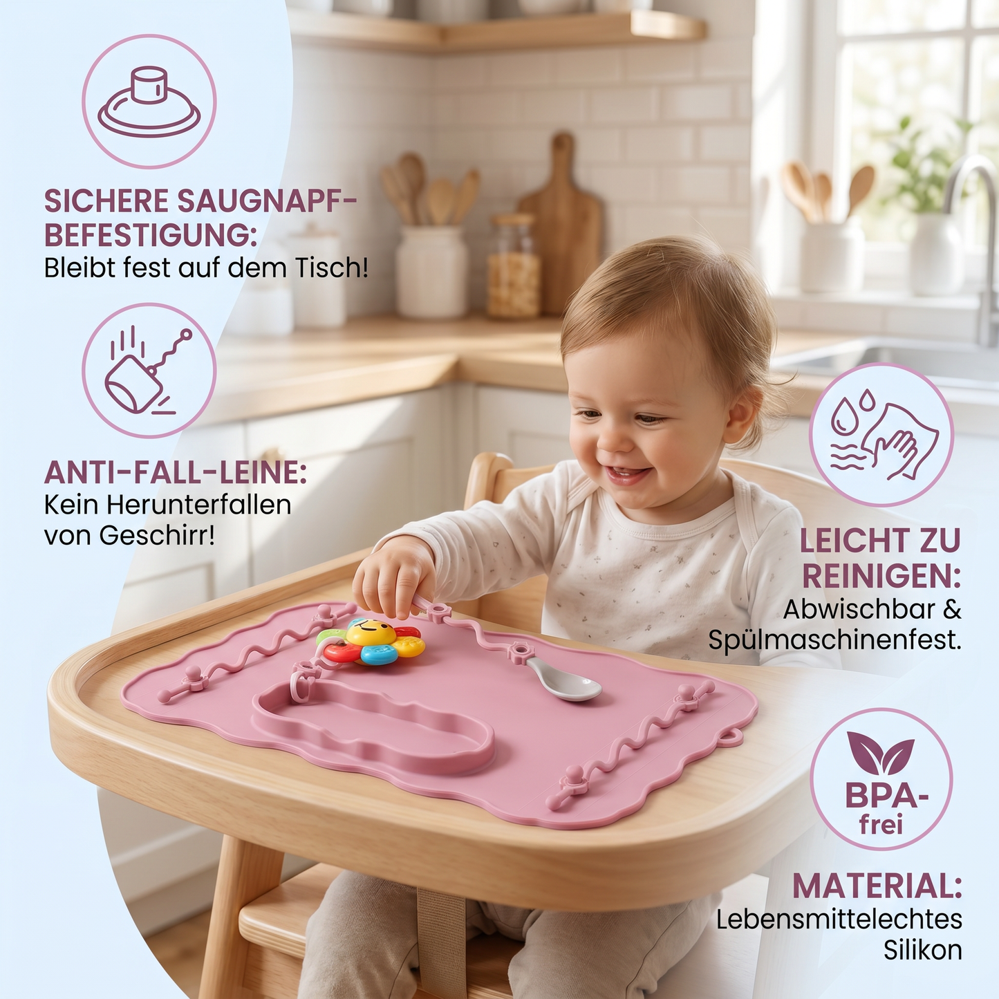 Rutschfeste Silikon Baby Tischmatte mit Saugnapf und Anti-Fall Seil