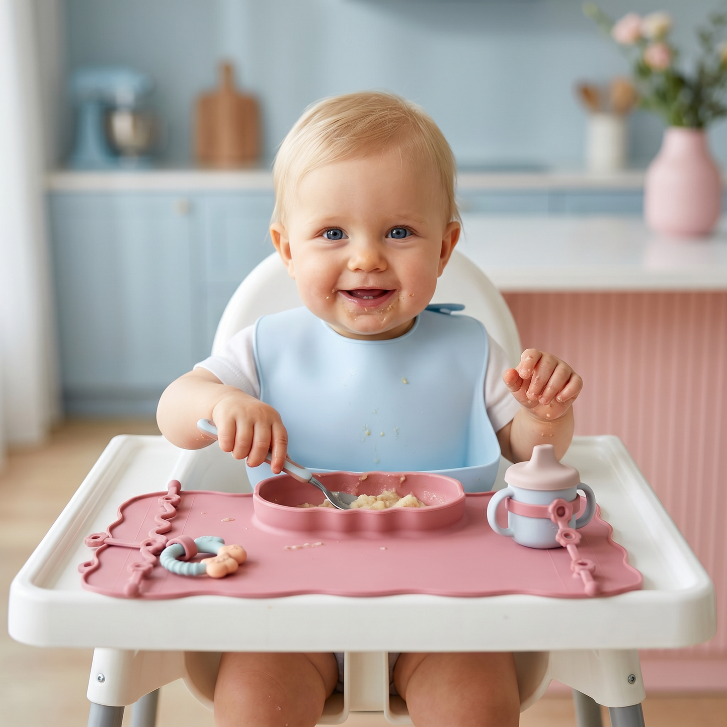 Rutschfeste Silikon Baby Tischmatte mit Saugnapf und Anti-Fall Seil