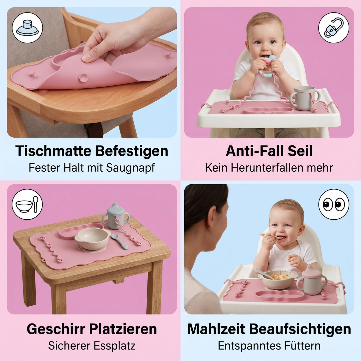 Rutschfeste Silikon Baby Tischmatte mit Saugnapf und Anti-Fall Seil