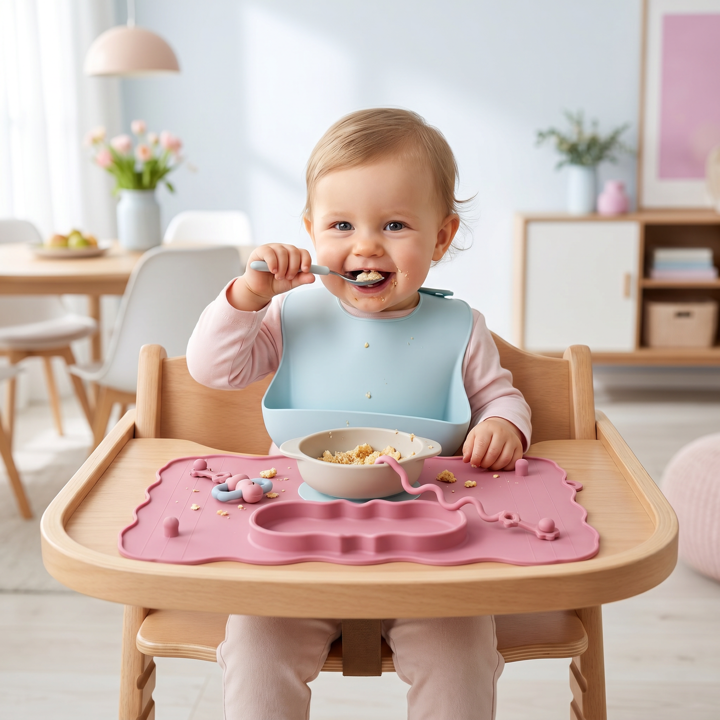 Rutschfeste Silikon Baby Tischmatte mit Saugnapf und Anti-Fall Seil