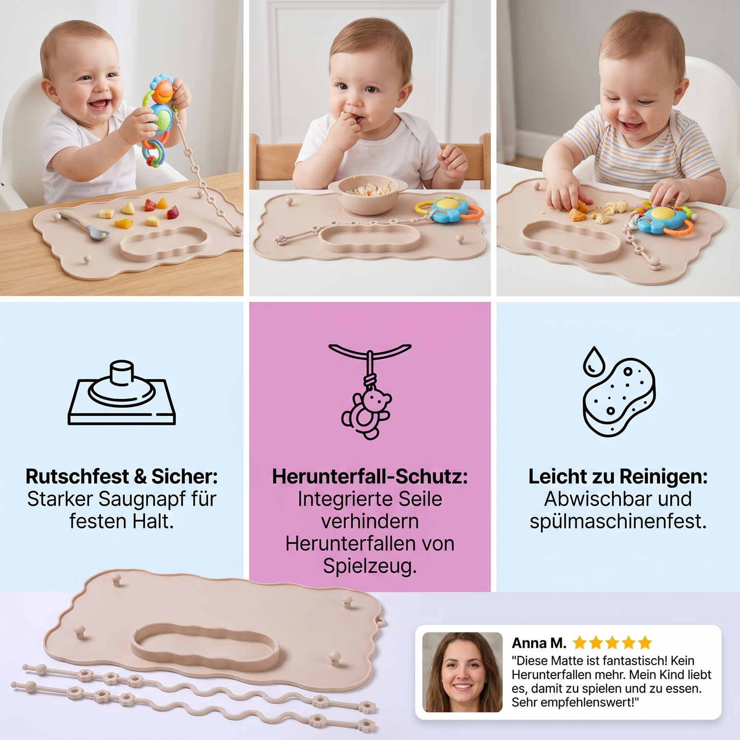 Rutschfeste Silikon Baby Tischmatte mit Saugnapf und Anti-Fall Seil