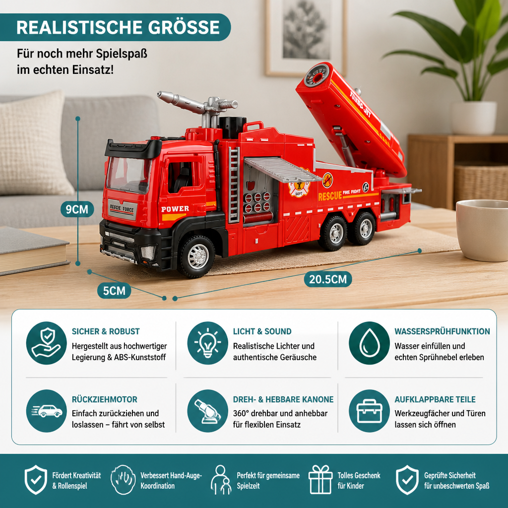 Feuerwehrauto mit Rückziehmotor, Wassersprühfunktion, Licht & Sound